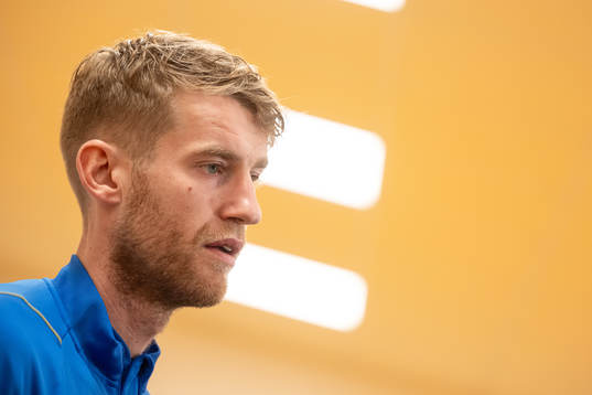 Filip Helander of the Swedish national football team in a mixed zone
