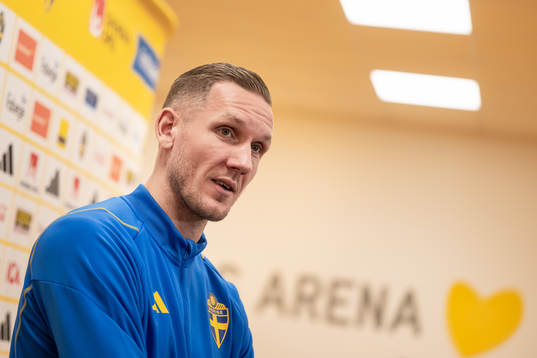 Goalkeeper Robin Olsen of the Swedish national football team in a mixed zone