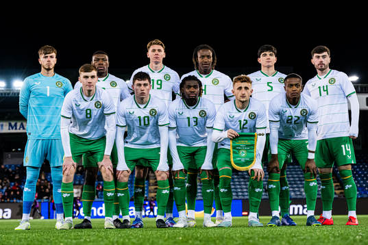 The starting eleven of Ireland, from the top left; Joshua Keeley, Sinclair Armstrong, Connor O'Riordan, Mohammed Lawal, Anselmo Garcia MacNulty, Sean Roughan, Matthew Healy, Kian Leavy, Babajide Adeeko, Sam Curtis and Aidomo Emakhu poses for a team group photo ahead of of the UEFA European Under-21 Qualifier football match between Norway and Ireland on November 17, 2023 in Drammen. 
