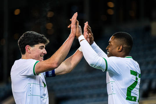 Aidomo Emakhu of Ireland celebrates with Anselmo Garcia MacNulty after scoring the 1-1 goal