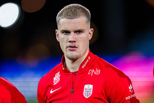 Leo Fuhr Hjelde of Norway ahead of the UEFA European Under-21 Qualifier football match between Norway and Ireland on November 17, 2023 in Drammen. 