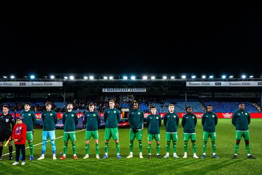 Anselmo Garcia MacNulty, Joshua Keeley, Sean Roughan, Matthew Healy, Connor O'Riordan, Mohammed Lawal, Kian Leavy, Sam Curtis, Babajide Adeeko, Aidomo Emakhu and Sinclair Armstrong of Ireland ahead of the UEFA European Under-21 Qualifier football match between Norway and Ireland on November 17, 2023 in Drammen. 