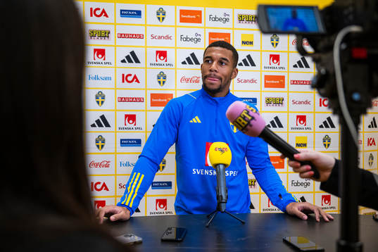 Isak Hien of the Swedish national football team in a mixed zone session