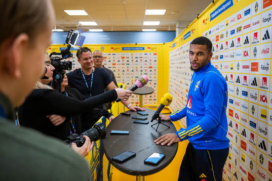 Isak Hien of the Swedish national football team in a mixed zone session