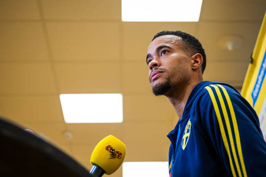 Robin Quaison of the Swedish national football team in a mixed zone session