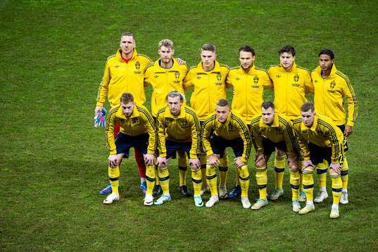 The starting eleven of Sweden. From the left: goalkeeper Robin Olsen, Filip Helander, Viktor Gyökeres, Albin Ekdal, Victor Nilsson Lindelöf, Jens Cajuste, Dejan Kulusevski, Emil Forsberg, Ludwig Augustinsson, Viktor Claesson and Emil Krafth ahead of the UEFA Euro Qualifier football match between Sweden and Estonia on November 19, 2023 in Stockholm. Top row: Robin Olsen, Filip Helander, Viktor Gyökeres, Albin Ekdal, Victor Nilsson Lindelöf and Jens Cajuste. Bottom row: Dejan Kulusevski, Emil Forsberg, Ludwig Augustinsson, Viktor Claesson and Emil Krafth.
