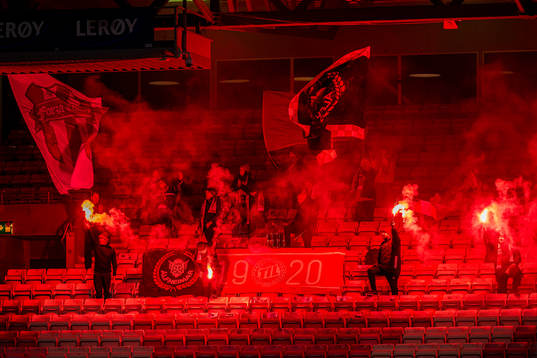 Spectators in the stands ahead of the Toppserien playoff football match between TIL 2020 and Avaldsnes on November 22, 2023 in Tromsø.