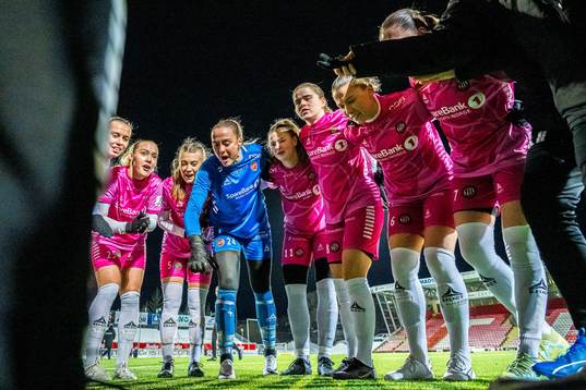 Ina Birkelund, Oda Lillegård, Ingvild Thynes Villa, Ardita Iseni, Mali Motrøen Trøan of TIL 2020 ahead of the Toppserien playoff football match between TIL 2020 and Avaldsnes on November 22, 2023 in Tromsø.