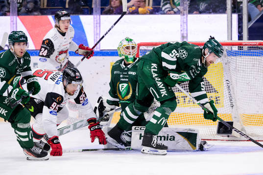 Färjestads Michael Lindqvist, målvakt Maxime Lagacé och