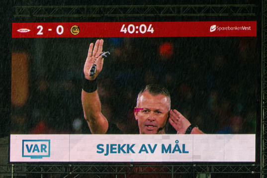 Video assistant referee (VAR) check and Svein Oddvar Moen, referee,