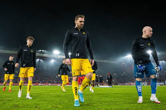 Sondre Sørli, Brede Moe and Julian Faye Lund of Bodø/Glimt ahead of the Eliteserien match between Brann and Bodø/Glimt on November 26, 2023 in Bergen.