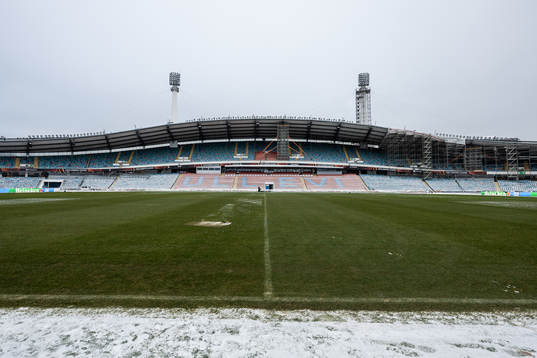 Snow around the pitch at Ullevi stadium
