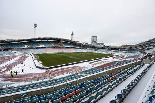 Snow around the pitch at Ullevi stadium
