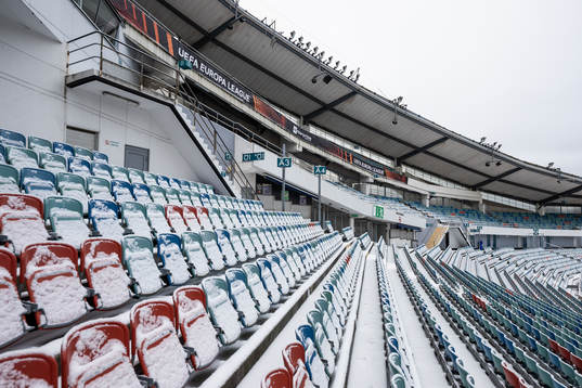 Snow at the seats at Ullevi stadium