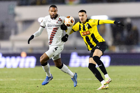 Nathan Tella of Bayer Leverkusen and Aiham Ousou of BK