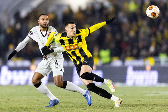 Nathan Tella of Bayer Leverkusen and Aiham Ousou of BK