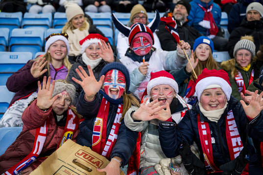 Spectators in the stands ahead of the UEFA Women’s Nations League football match between Norway and Portugal on December 1, 2023 in Oslo. 