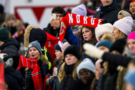 Spectators in the stands ahead of the UEFA Women’s Nations League football match between Norway and Portugal on December 1, 2023 in Oslo. 