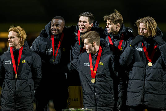 Adam Sørensen, Brice Wembangomo, Sondre Brunstad Fet, Sondre Sørli and Isak Helstad Amundsen of Bodø/Glimt