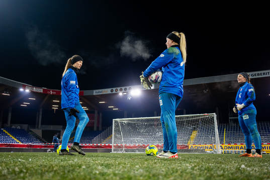 Goalkeepers Cecilie Fiskerstrand, Guro Pettersen and Aurora Mikalsen of the Norwegian women's national football team