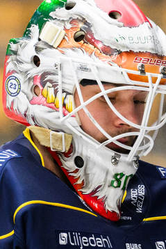 HV71s målvakt Frederik Dichow bär klistermärke för att