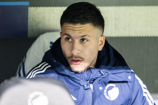 Roony Bardghji of FC Copenhagen on the bench ahead of the UEFA Champions League football match between FC Copenhagen and Galatasaray on December 12, 2023 in Copenhagen. 
