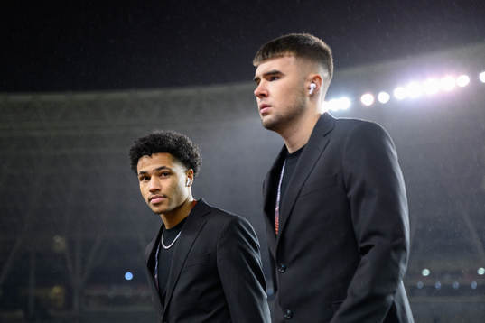 Momodou Lamin Sonko and goalkeeper Sebastian Banozic of Häcken ahead of the UEFA Europa League match between Qarabag and Häcken on December 14, 2023 in Baku. 