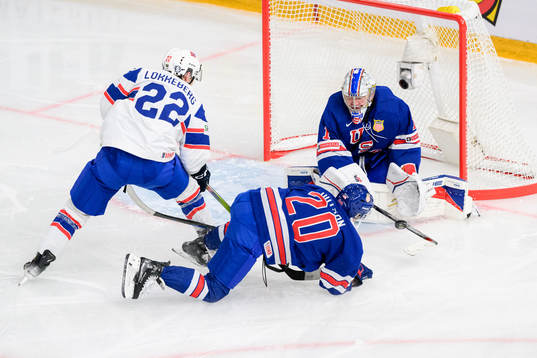 Johannes Lokkeberg of Norway and Lane Hutson and Trey
