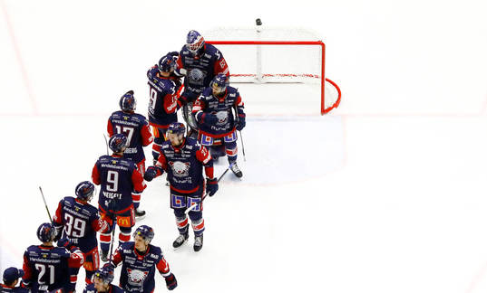 Linköpings spelare jublar och tackar målvakt Marcus