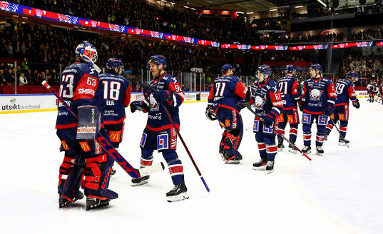 Linköpings spelare jublar och tackar målvakt Marcus