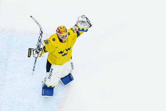 goaltender Hugo Hävelid of Sweden celebrates