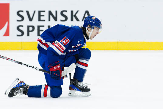 Cutter Gauthier of USA celebrates the 3-2 goal
