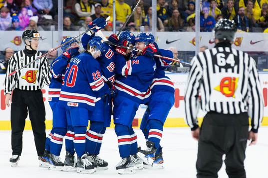 Cutter Gauthier of USA celebrates the 3-2 goal