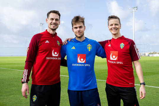 Interim coach Daniel Bäckström, Anton Eriksson and goalkeeper coach Maths Elfvendal of the Swedish men's football national team