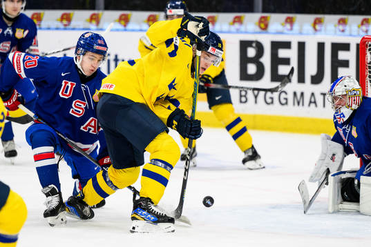 Lane Hutson and goaltender Trey Augustine of USA and Fabian