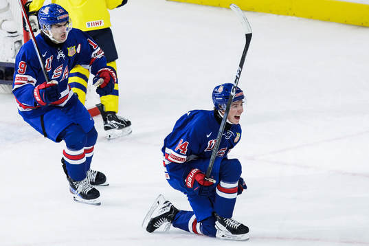 Cutter Gauthier and Gabe Perreault of USA celebrate the 1-0