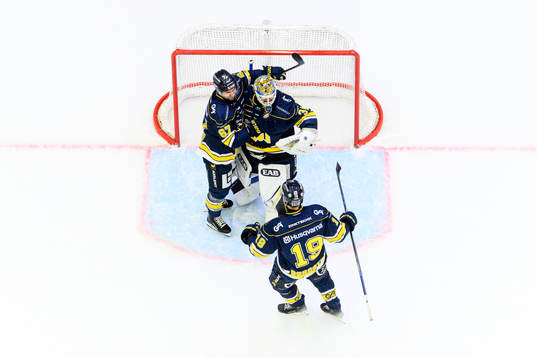 HV71s Oliwer Kaski, målvakt Joni Ortio och Henrik