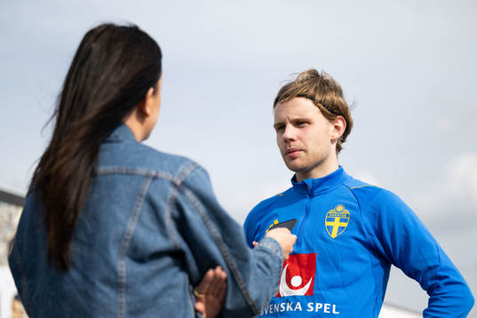 Oscar Pettersson of the Swedish men's football national team in mixed zone