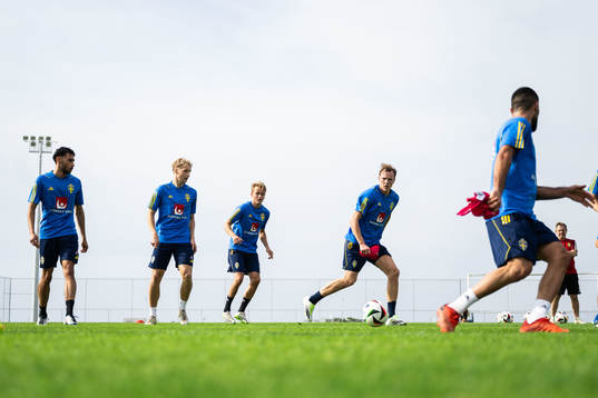 Joakim Persson, Victor Larsson, Oskar Fallenius, Adam Carlén and Rami Al Hajj of the Swedish men's football national team at a training session