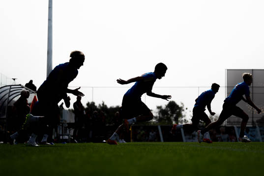 Markus Karlsson, Nahir Besara and Lucas Bergvall of the Swedish men's football national team at a training session