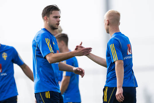 Anton Eriksson and Otto Rosengren of the Swedish men's football national team at a training session