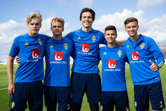 Lucas Bergvall, Oskar Fallenius, goalkeeper Jacob Widell Zetterström, Samuel Dahl and Samuel Leach Holm  of the Swedish men's football national team pose for a portrait