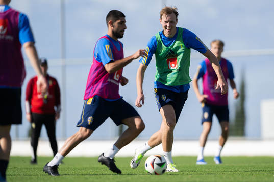 Rami Al Hajj and Adam Carlén of the Swedish men's football national team at a training session