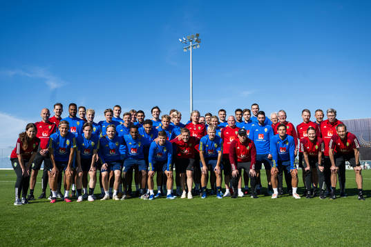  Kit manager Björn Eriksson, Interim coach Daniel Bäckström, Isaac Kiese Thelin, Maths Elfvendal, Victor Larsson, Erik Ahlstrand, Jesper Tolinsson, Samuel Leach Holm, Social Media Manager Andreas Hård, Rami Al Hajj, goalkeeper Jacob Widell Zetterström, Oskar Fallenius, Lucas Bergvall, Adam Carlén, Team manager Stefan Pettersson,  Video analyst Christoffer Bernspång, Anton Salétros, Sebastian Nanasi,  Henrik Castegren, Kit manager Tommie Nilsson, goalkeeper Oliver Dovin, Anton Eriksson, goalkeeper Samuel Brolin, scout Lasse Jacobsson, Head of security Stefan Dejemyr, Performance & Medical Coordinator Dale Reese. Front row: Press officer Petra Thorén, Markus Karlsson, Johan Karlsson, Oscar Pettersson, Taha Ali, Joakim Persson, Samuel Dahl, Fitness trainer Paul Balsom, Otto Rosengren, nterim assistant coach Viktor Eriksson, Kevin Ackermann, coordinator Cecilia Sandell and Physiotherapist Christian Andersson of the Swedish men's football national team pose for a portrait ahead of a training session on January 11, 2024 in Paphos. 