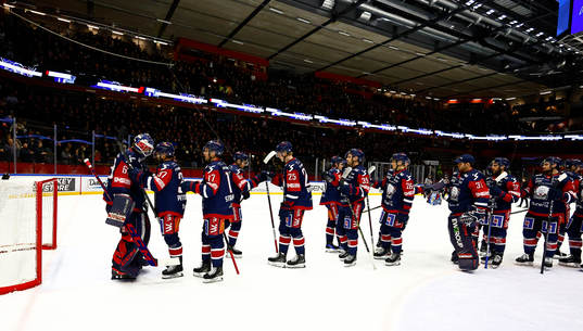 Linköpings spelare jublar och tackar målvakt Marcus