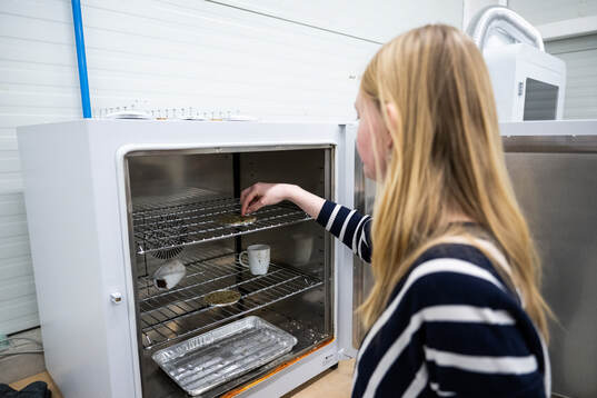 Pernilla Larsson, kemiingenjör Improve Tec Hönö, känner på infillmaterial till konstgärsplaner som ligger i en ugn den 29 januari 2024 i Hönö. 