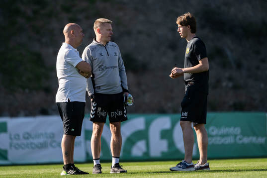 Sports director Mikael Hjelmberg of Hammarby, Head coach Stefan Billborn of Sarpsborg 08 and Technical Director Adrian von Heijne of Hammarby