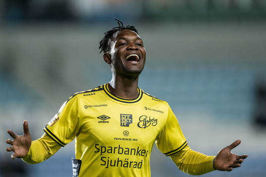 Jalal Abdullah of Elfsborg celebrates after scoring 4-4 during the Atlantic Cup football match between Elfsborg and FC Copenhagen on February 4, 2024 in Faro. 
