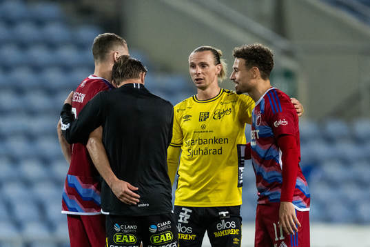 Viktor Claesson and Jordan Larsson of FC Copenhagen with Simon Hedlund and Niklas Hult of Elfsborg