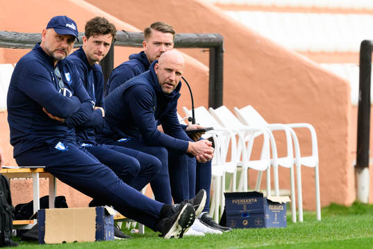 Goalkeeper coach Jonnie Fedel, Assistant coach Martin Falk, Assistant coach Theodor Olsson and Head coach Henrik Rydström of Malmö FF